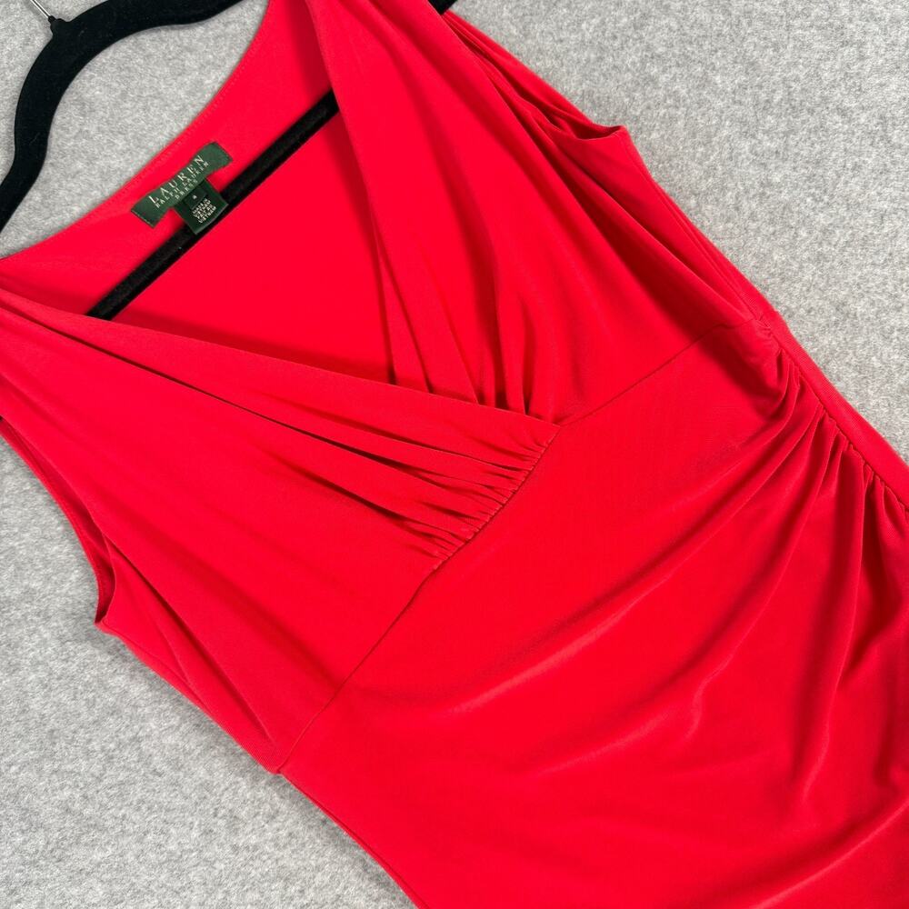 Lauren Ralph Lauren Red Dress Size 4 Sleeveless Surplice Faux Wrap Ruched Sheath